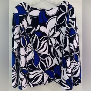 Susan Graver L  Blue/ White/ Black Long Floral Long Sleeve Blouse